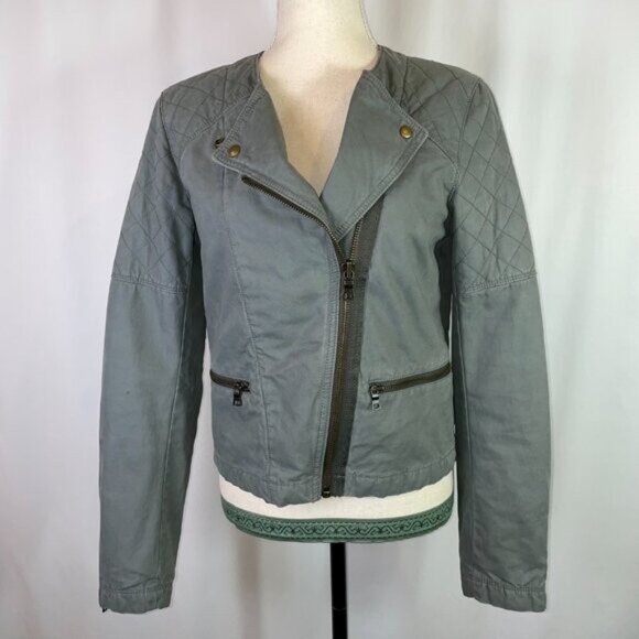 Gap Quilted Moto Flight Cropped Jacket Green Gray Zipper Details Size 8 - Picture 1 of 14